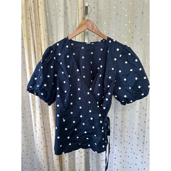 Old Navy 100% Cotton Polka Dot Waist Defined Puff-Sleeve Tie-Wrap Blouse XL - Picture 2 of 7